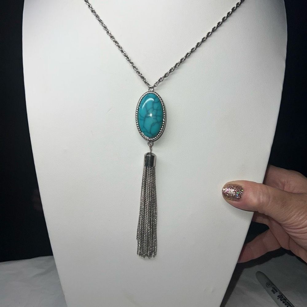 Silver‎ Tone Turquoise Pendant Tassel Necklace